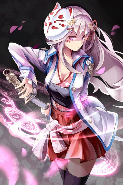 Anime picture 1309x1963 with sword girls vkdlfl777 single long hair tall image purple eyes white hair traditional clothes zettai ryouiki magic mask on head girl thighhighs hair ornament weapon black thighhighs petals sword katana mask