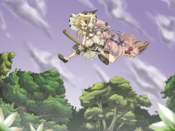 Anime picture 1024x768 with touhou kirisame marisa patchouli knowledge blush flying broom riding girl hat witch hat broom