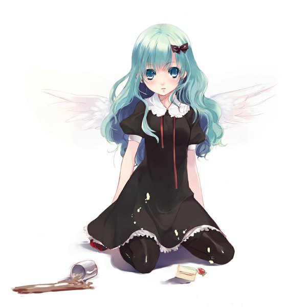 Anime picture 976x1048 with original itou nanami single long hair tall image looking at viewer blush simple background white background sitting aqua eyes aqua hair wariza angel wings messy girl dress hair ornament pantyhose wings