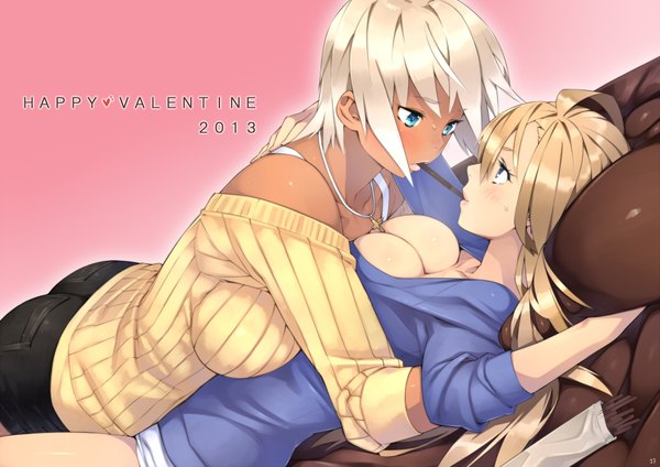 Anime picture 2046x1446 with original real xxiii's dark skinned girl real xxiii's ahoge girl 23 (real xxiii) long hair blush highres breasts blue eyes light erotic blonde hair large breasts bare shoulders multiple girls cleavage shoujo ai valentine pocky kiss girl 2 girls