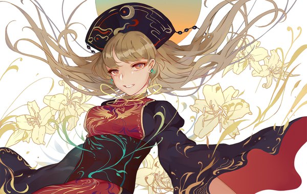 Anime picture 1000x632 with touhou junko (touhou) hillly (maiwetea) single long hair fringe red eyes brown hair traditional clothes wind wide sleeves chinese clothes girl flower (flowers) earrings headdress lily (flower) moon (symbol) tabard