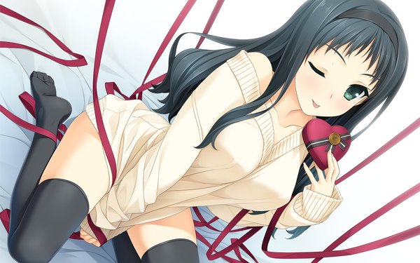 Anime picture 1920x1200 with berry's makinosawa ena hashimoto takashi single long hair looking at viewer highres blue eyes light erotic black hair one eye closed wink covering valentine girl thighhighs ribbon (ribbons) black thighhighs hairband tongue