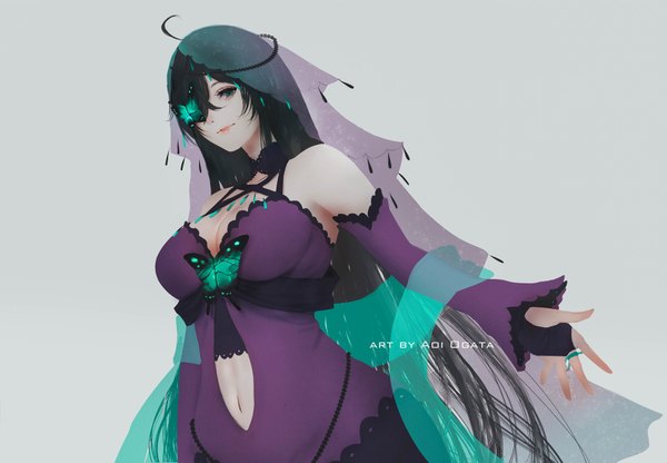 Anime-Bild 1689x1173 mit original aoi ogata single long hair looking at viewer fringe breasts light erotic black hair simple background large breasts standing bare shoulders signed cleavage ahoge aqua eyes light smile hair over one eye from below