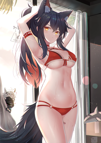 Anime picture 2029x2870 with arknights texas (arknights) lappland (arknights) f (milfaaaaa) long hair tall image looking at viewer blush fringe highres breasts light erotic black hair hair between eyes large breasts multiple girls animal ears yellow eyes payot indoors