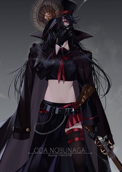 Anime picture 723x1023 with fate (series) fate/grand order oda nobunaga (fate) (all) oda nobunaga (fate) marchab 66 single long hair tall image looking at viewer fringe black hair simple background red eyes standing holding signed long sleeves hair over one eye grey background bare belly