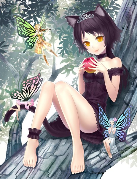 Anime picture 770x1000 with original k+ long hair tall image black hair animal ears tail animal tail barefoot cat ears bare legs cat girl cat tail orange eyes fantasy insect wings butterfly wings fairy girl dress