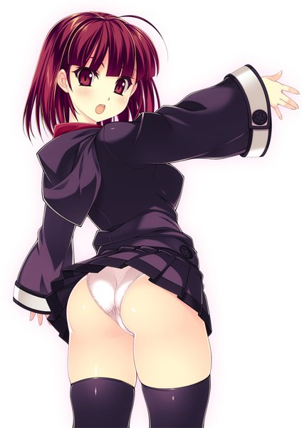 Anime picture 723x1023 with original kinoshita ichi single tall image looking at viewer blush short hair open mouth light erotic simple background red eyes white background purple hair ass girl thighhighs skirt underwear panties black thighhighs