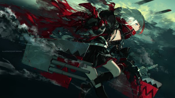 Anime picture 1920x1080 with azur lane admiral graf spee (azur lane) swd3e2 single fringe highres short hair blue eyes hair between eyes wide image signed looking away silver hair multicolored hair two-tone hair official art wallpaper outstretched arm girl weapon