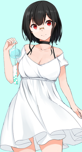 Anime picture 800x1474 with original nuclear warhead (anti) anti (0324) single tall image looking at viewer fringe short hair breasts black hair simple background smile red eyes large breasts standing holding blue background girl dress white dress