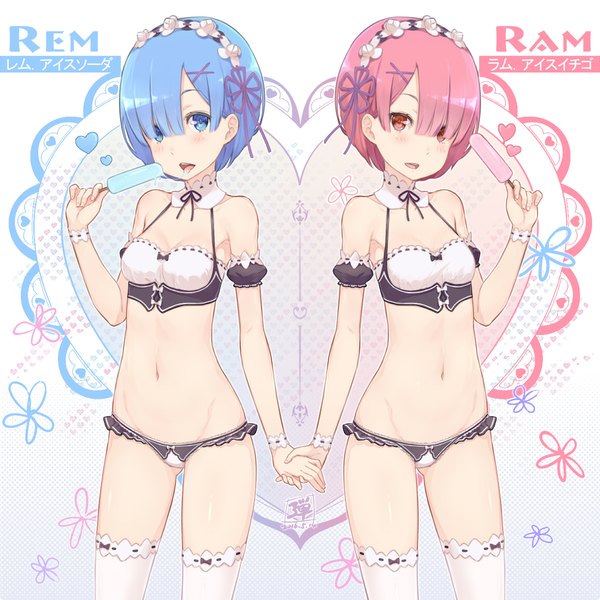 Anime picture 1152x1152 with re:zero kara hajimeru isekai seikatsu white fox rem (re:zero) ram (re:zero) dan (kumadan) blush fringe short hair open mouth blue eyes light erotic standing bare shoulders multiple girls blue hair pink hair character names underwear only ass visible through thighs siblings