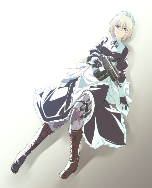 Anime picture 2100x2600 with mechanical buddy universe momdroid (mechanical buddy universe) ishiyumi single tall image looking at viewer fringe highres short hair blue eyes simple background blonde hair hair between eyes holding full body bent knee (knees) lying shadow maid on back