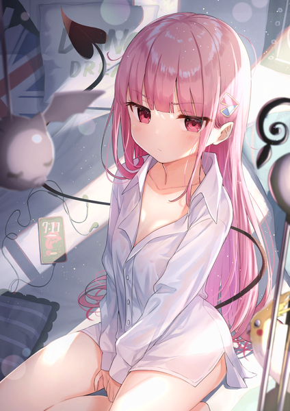 Anime picture 1158x1637 with original tsukiman single long hair tall image looking at viewer blush fringe light erotic red eyes sitting pink hair indoors tail blunt bangs long sleeves sunlight blurry lens flare sleeves past wrists