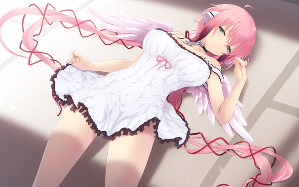 Anime picture 1920x1200 with sora no otoshimono ikaros cait single looking at viewer blush fringe highres breasts light erotic hair between eyes large breasts twintails green eyes payot pink hair cleavage ahoge lying very long hair
