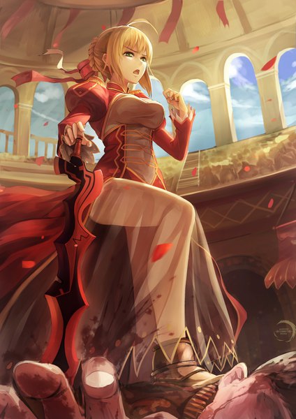 Anime picture 2480x3507 with fate (series) fate/stay night fate/extra nero claudius (fate) (all) nero claudius (fate) xiaoyin li tall image fringe highres short hair breasts open mouth blonde hair hair between eyes large breasts holding green eyes looking away sky cloud (clouds)