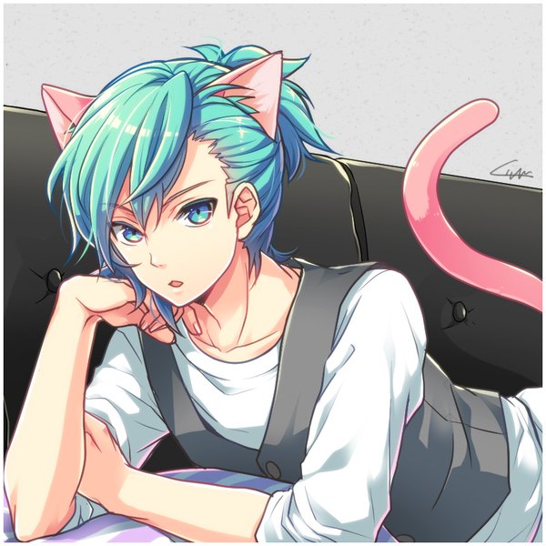 Anime picture 799x800 with uta no prince-sama a-1 pictures mikaze ai nanaki tsubasa single tall image fringe short hair open mouth blue eyes hair between eyes signed animal ears ponytail tail lying animal tail cat ears aqua hair cat tail