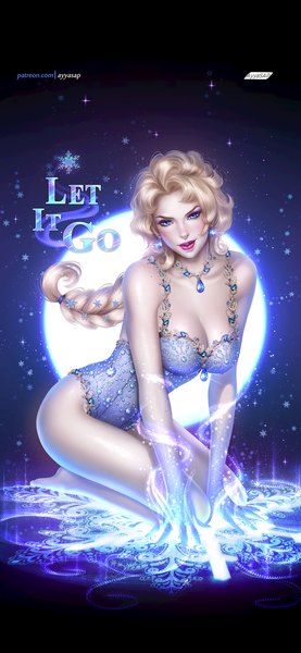 Anime picture 1440x3118 with frozen (disney) disney elsa (frozen) ayyasap single long hair tall image looking at viewer blush fringe breasts blue eyes light erotic blonde hair sitting signed cleavage full body barefoot lips