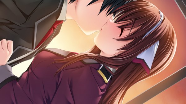 Anime picture 1280x720 with itoshii kanojo no mamorikata (game) amagi yui senomoto hisashi long hair black hair brown hair wide image game cg couple kiss girl boy serafuku