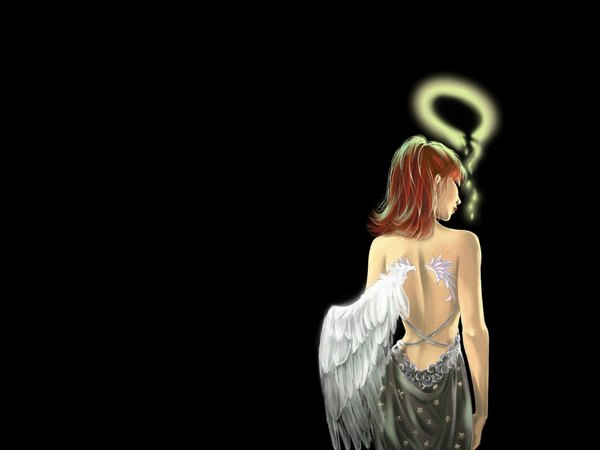 Anime picture 2000x1500 with original juliette syrkell single long hair highres simple background brown hair from behind back black background angel wings angel girl dress wings halo