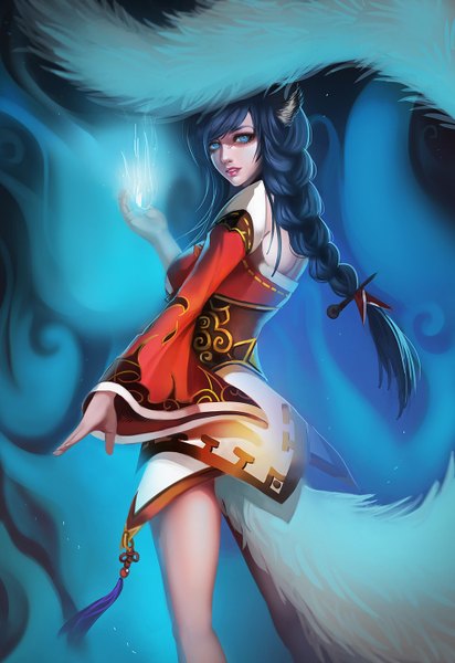Anime picture 1024x1490 with league of legends ahri (league of legends) long5009 single long hair tall image looking at viewer fringe blue eyes animal ears blue hair tail braid (braids) fingernails lips realistic wide sleeves magic single braid fox girl