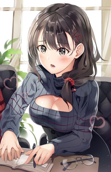 Anime picture 2508x3896 with original niii (memstapak) long hair tall image blush fringe highres open mouth black hair hair between eyes sitting looking away indoors black eyes holding hands solo focus low ponytail cleavage cutout eyewear removed girl