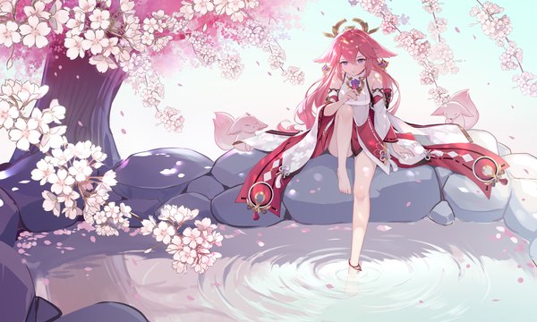 Anime picture 6890x4134 with genshin impact yae miko morimori (14292311) single long hair fringe highres hair between eyes wide image purple eyes animal ears pink hair absurdres traditional clothes japanese clothes barefoot bare legs fox ears cherry blossoms soaking feet