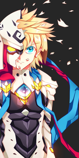 Anime-Bild 800x1600 mit elsword chung (elsword) bandwidth single tall image looking at viewer fringe short hair blue eyes simple background blonde hair upper body black background serious frown spiked hair broken boy armor