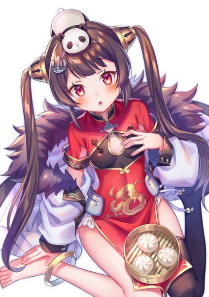 Anime picture 1415x2000 with azur lane ping hai (azur lane) zoff (daria) single long hair tall image looking at viewer blush fringe open mouth red eyes brown hair sitting twintails bent knee (knees) traditional clothes from above off shoulder bare legs :o