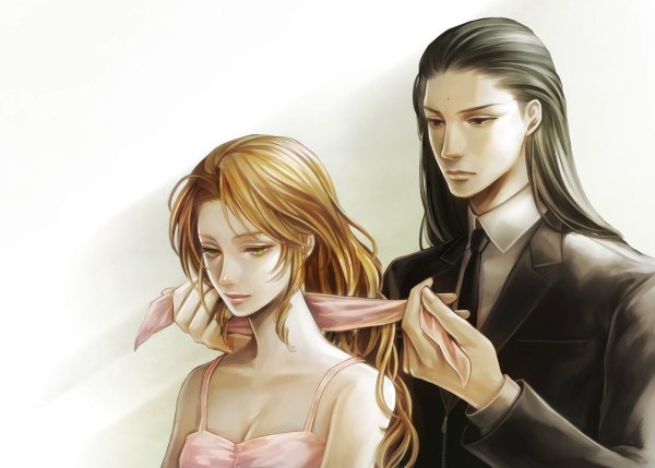 Anime picture 1200x858 with final fantasy vii aerith gainsborough tseng tetra takamine long hair black hair simple background white background bare shoulders green eyes black eyes orange hair mole couple looking down girl dress boy necktie sundress
