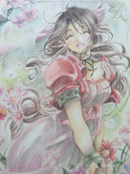 Anime picture 1536x2048 with final fantasy final fantasy vii square enix aerith gainsborough sana (artist) single long hair tall image blush open mouth brown hair braid (braids) eyes closed single braid traditional media watercolor (medium) girl dress flower (flowers) bow