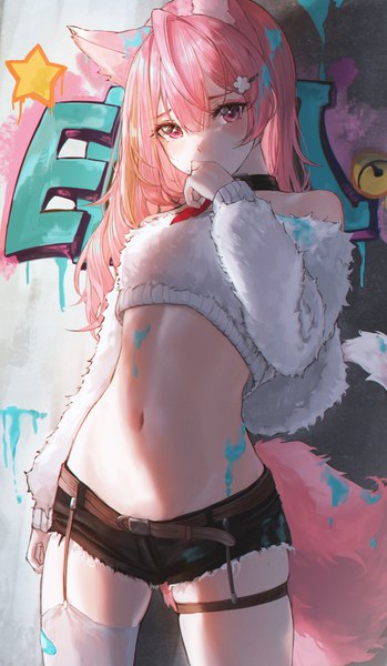 Anime picture 3000x5164 with original bbeedol single long hair tall image looking at viewer fringe highres hair between eyes standing animal ears pink hair tail long sleeves animal tail pink eyes arm up off shoulder midriff fur trim