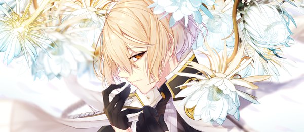 Anime picture 4500x1972 with touken ranbu nitroplus higekiri (touken ranbu) motsuni (lxxe1120) single looking at viewer fringe highres short hair blonde hair hair between eyes wide image brown eyes face boy gloves flower (flowers) black gloves