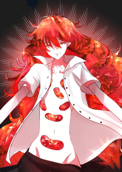 Anime picture 1240x1748 with houseki no kuni padparadscha (houseki no kuni) kayanogura single long hair tall image looking at viewer fringe light erotic hair between eyes red eyes upper body red hair open shirt groin shiny androgynous gloves shirt elbow gloves