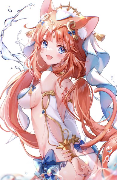 Anime picture 2890x4420 with genshin impact nilou (genshin impact) amaki ruto single long hair tall image looking at viewer highres breasts open mouth blue eyes light erotic simple background white background twintails animal ears red hair tail :d animal tail
