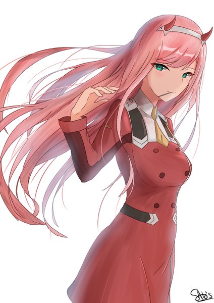 Anime picture 2894x4093 with darling in the franxx studio trigger zero two (darling in the franxx) ichikawayan single long hair tall image looking at viewer fringe highres simple background white background signed pink hair blunt bangs horn (horns) aqua eyes wind girl uniform