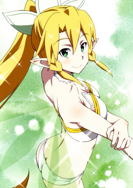 Anime picture 2100x2970 with sword art online a-1 pictures leafa single long hair tall image highres light erotic blonde hair smile green eyes ponytail pointy ears scan girl bow swimsuit hair bow wings
