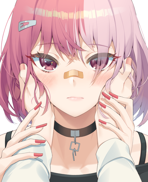 Anime picture 1831x2250 with original hop3 tall image looking at viewer blush fringe highres short hair simple background hair between eyes white background purple eyes upper body long sleeves nail polish multicolored hair fingernails hair over one eye two-tone hair symbol-shaped pupils