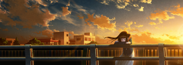 Anime picture 1324x471 with original mocha (cotton) single long hair brown hair wide image brown eyes signed sky cloud (clouds) sunlight evening sunset sad girl plant (plants) tree (trees) jacket building (buildings) teardrop