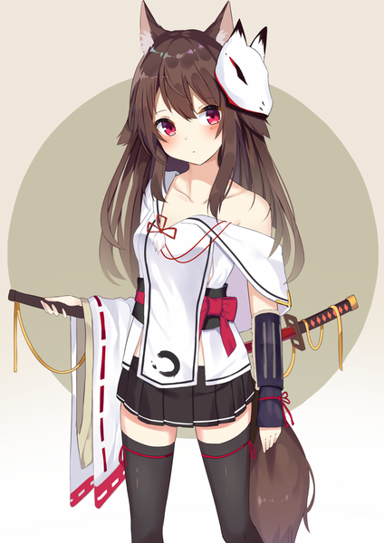Anime picture 1061x1500 with original mizuki ryuu single long hair tall image looking at viewer blush fringe simple background hair between eyes red eyes brown hair animal ears payot tail animal tail pleated skirt off shoulder wide sleeves gradient background