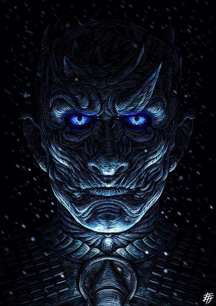 イラスト 2460x3488 と 氷と炎の歌 white walker yes danel ソロ 長身像 カメラ目線 highres 青い目 simple background signed upper body 角 realistic glowing black background portrait snowing glowing eye (eyes) bald zombie