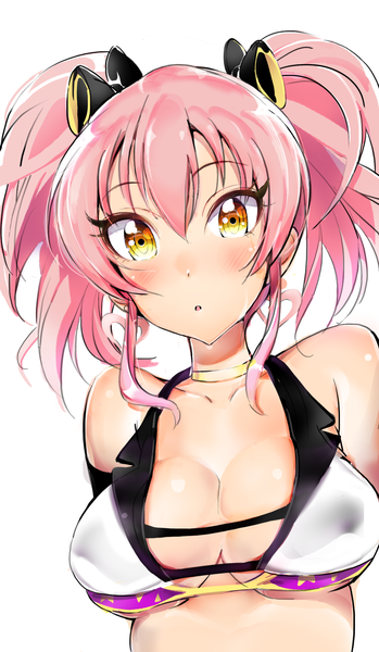 Anime picture 1161x1992 with idolmaster idolmaster cinderella girls jougasaki mika coda (simon1995) single tall image looking at viewer blush fringe short hair breasts light erotic simple background hair between eyes large breasts white background twintails bare shoulders yellow eyes pink hair