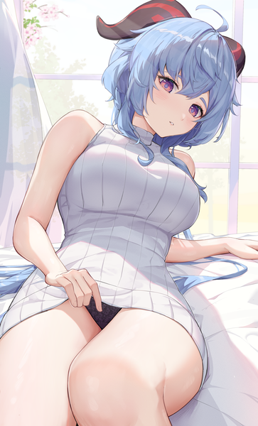 Anime picture 2420x4000 with genshin impact ganyu (genshin impact) rosumerii single long hair tall image looking at viewer blush fringe highres breasts light erotic hair between eyes purple eyes bare shoulders blue hair indoors parted lips arm support pantyshot