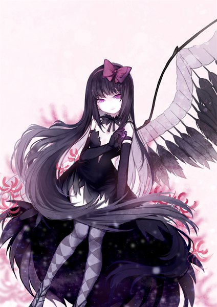 Anime picture 707x1000 with mahou shoujo madoka magica shaft (studio) akemi homura akuma homura cuivre single long hair tall image looking at viewer fringe black hair simple background purple eyes pink background expressionless rhombus single wing dark orb (madoka magica) girl thighhighs