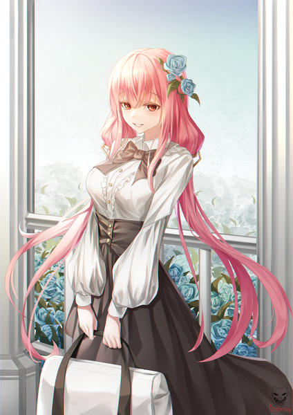 Anime-Bild 3035x4299 mit original prothymos single long hair tall image looking at viewer blush fringe highres breasts smile hair between eyes red eyes standing twintails holding signed pink hair absurdres sky