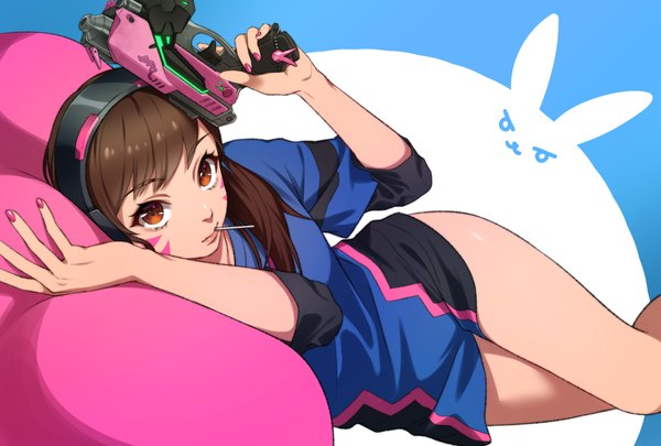 Anime picture 2039x1378 with overwatch blizzard entertainment d.va (overwatch) sumino akasuke single long hair looking at viewer highres light erotic brown hair brown eyes lying nail polish thighs facial mark on side whisker markings pink nail polish adapted costume girl