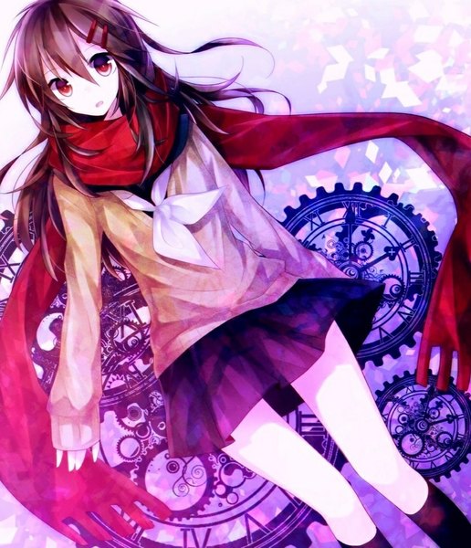 Anime picture 860x1000 with kagerou project shaft (studio) tateyama ayano chocoan single long hair tall image looking at viewer fringe open mouth red eyes brown hair standing long sleeves spread arms mechanical girl skirt uniform hair ornament