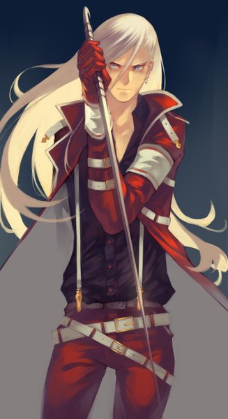 Anime picture 700x1283 with joseph lee long hair tall image blue eyes blonde hair holding very long hair open clothes open jacket dark background partially open clothes boy gloves weapon earrings jacket belt cloak coat suspenders