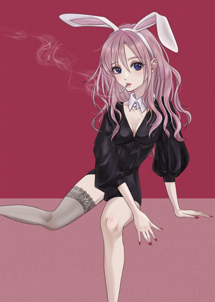 Anime picture 2549x3583 with original kuroneko w1nter single long hair tall image looking at viewer fringe highres blue eyes light erotic simple background sitting holding animal ears pink hair cleavage bent knee (knees) nail polish arm support bunny ears