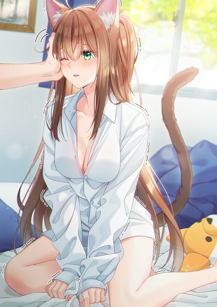 Anime picture 870x1230 with original unjem long hair tall image looking at viewer blush fringe breasts open mouth light erotic hair between eyes brown hair sitting green eyes animal ears payot cleavage bent knee (knees) ponytail indoors