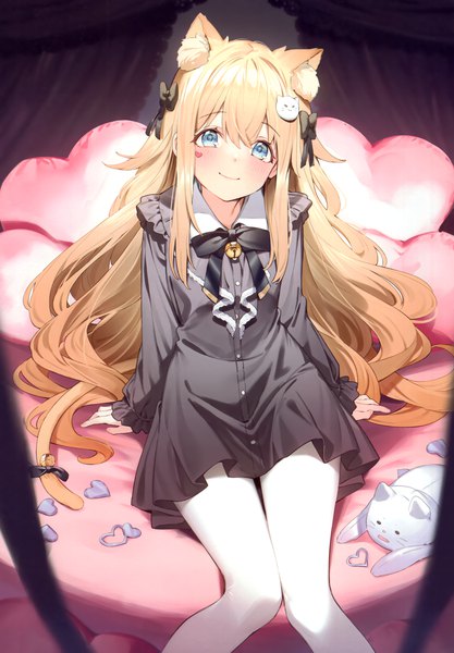 Anime picture 2406x3464 with original nyum single long hair tall image looking at viewer blush fringe highres blue eyes blonde hair smile hair between eyes sitting animal ears indoors tail long sleeves animal tail from above
