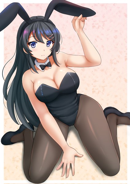 Anime picture 1200x1697 with seishun buta yarou cloverworks sakurajima mai kazenokaze single long hair tall image looking at viewer blush fringe breasts blue eyes light erotic black hair simple background hair between eyes large breasts sitting animal ears payot